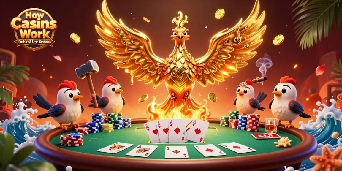 Experience how casinos work behind the scenes with a dynamic illustration of a phoenix, poker elements, and vibrant details.