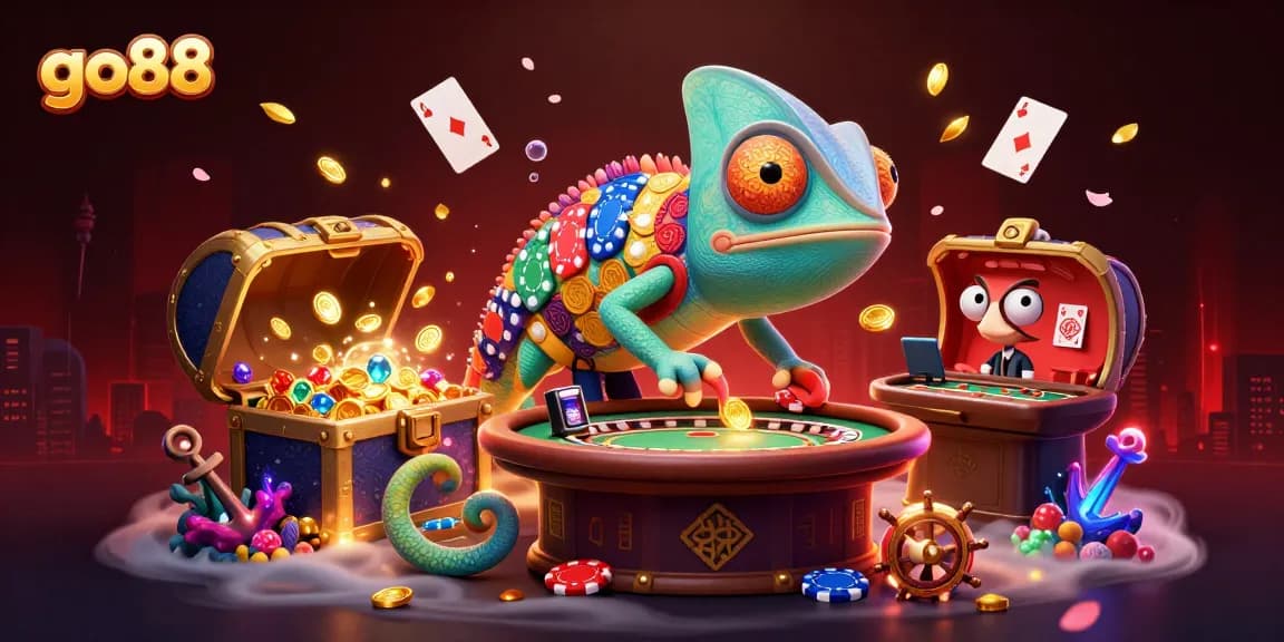 Engage with go88, a vibrant casino experience featuring a colorful chameleon and dynamic game elements.