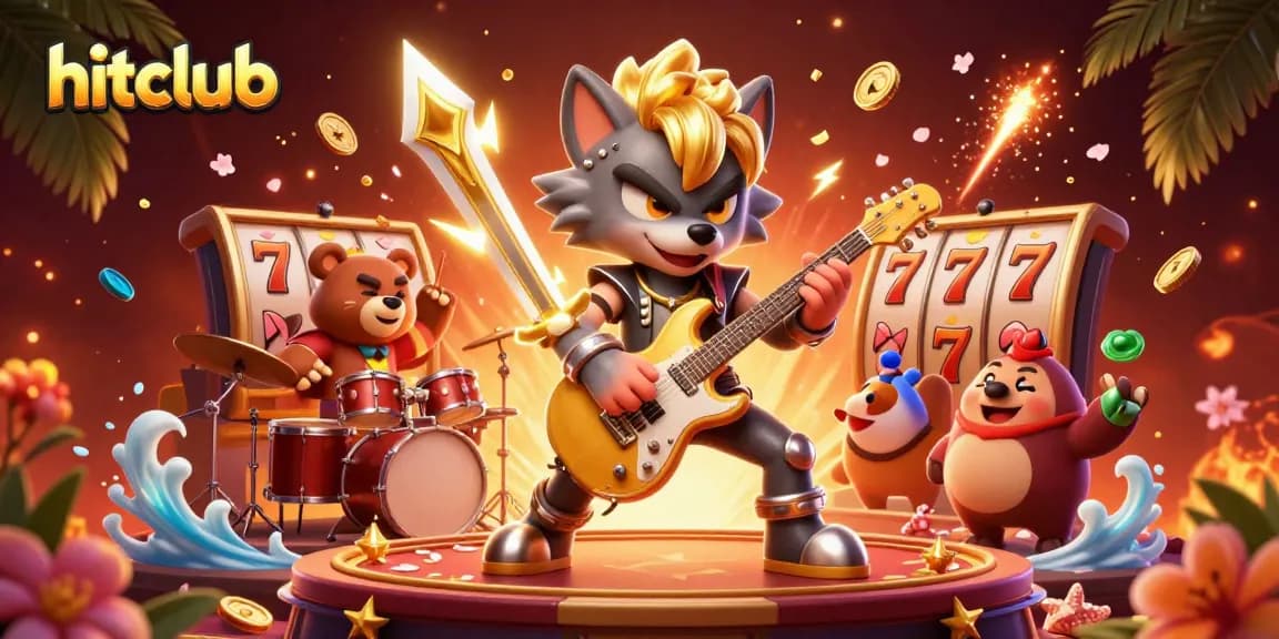 Engage with hitclub in a vibrant 3D casino scene featuring animated rock star and drummer amidst slot reels.