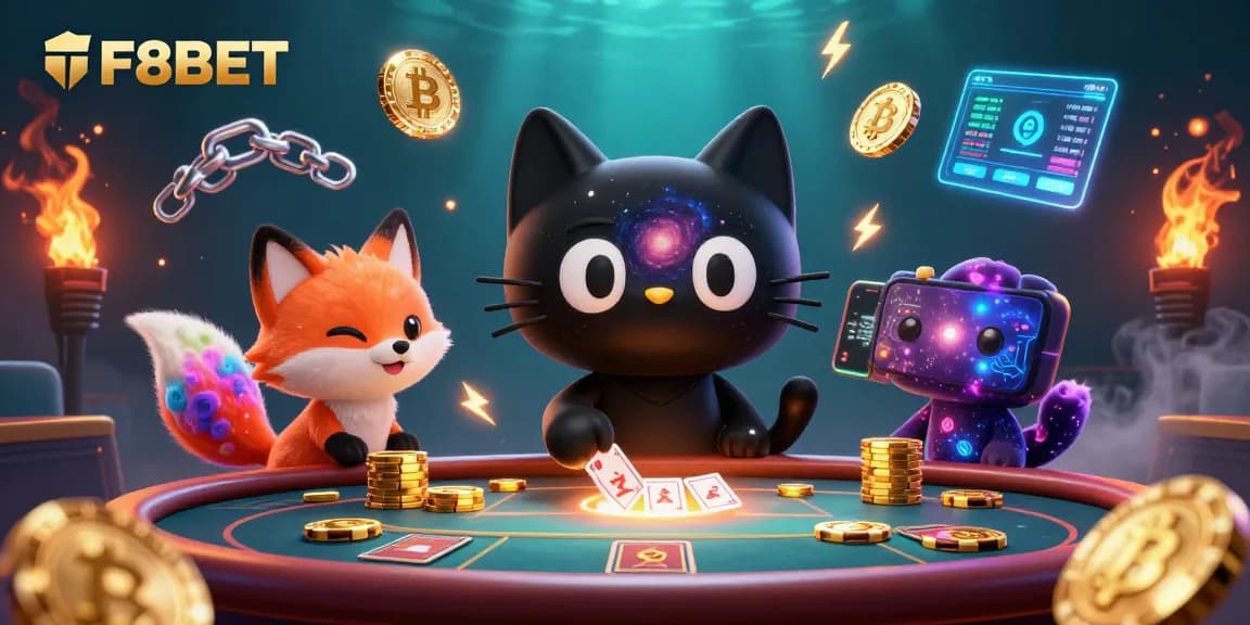Experience the excitement of F8BET with vibrant characters at a cosmic casino table.