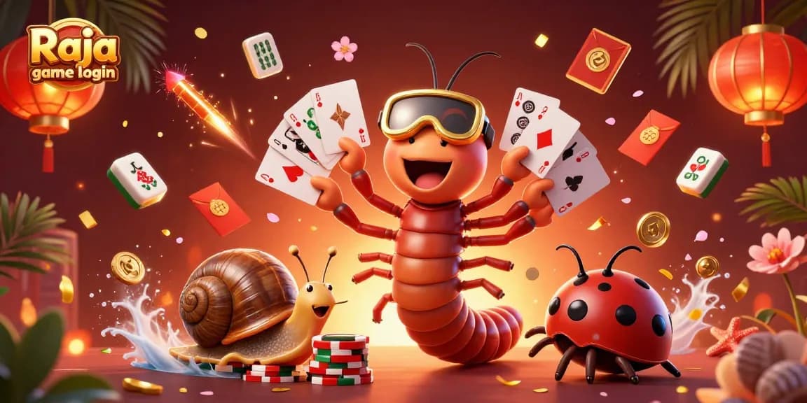 Engage with the thrilling Raja game login scene featuring a millipede dealer and glowing casino elements.
