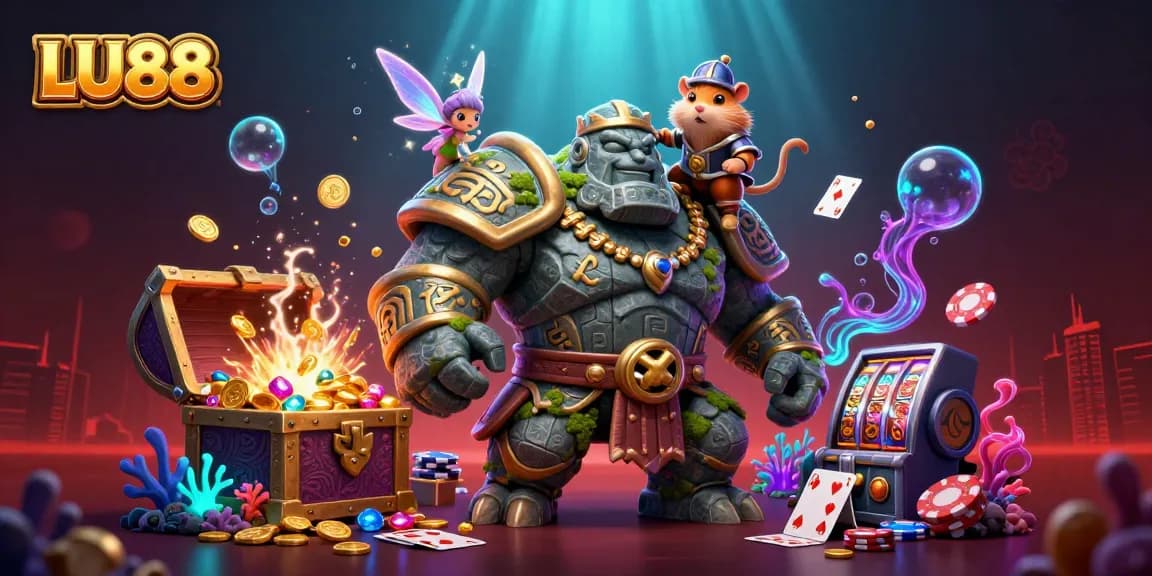 LU88 showcases an energetic casino scene with vibrant characters and immersive gaming elements.