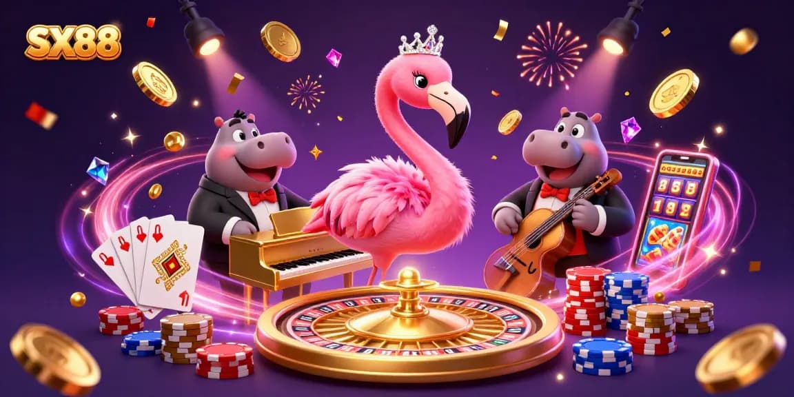 SX88 captivates players with vibrant casino entertainment illustrated by lively characters and game elements.