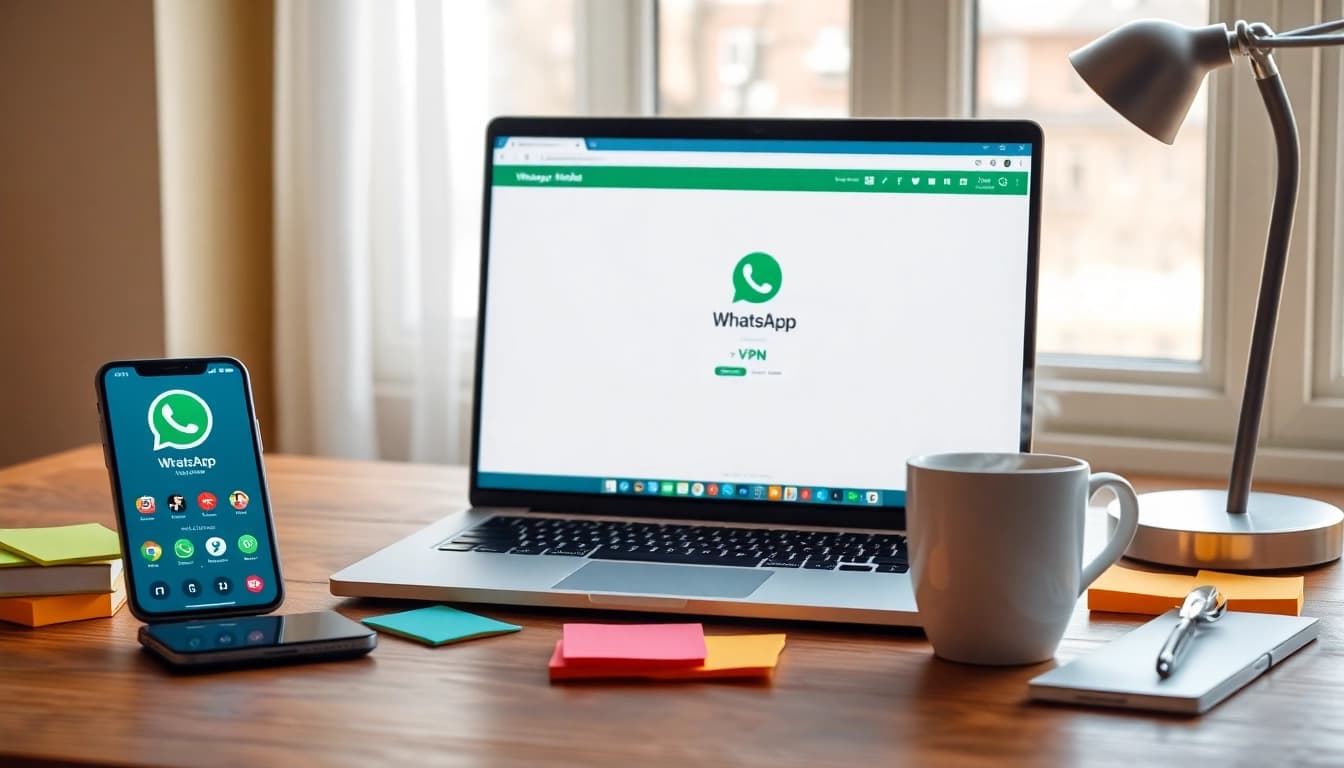 WhatsApp 网页界面,展示快连VPN 集成在时尚桌面上的效果。