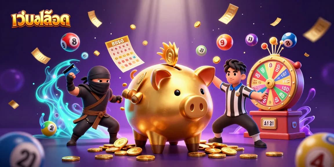 Spin and win at เว็บสล็อต with a vibrant 3D illustration featuring characters and elements of the casino world.