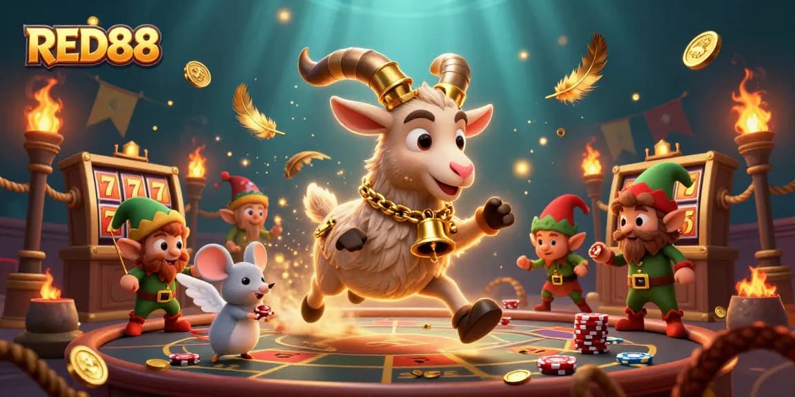 Engage with RED88 in a vibrant holiday-horror casino scene filled with festive elements.
