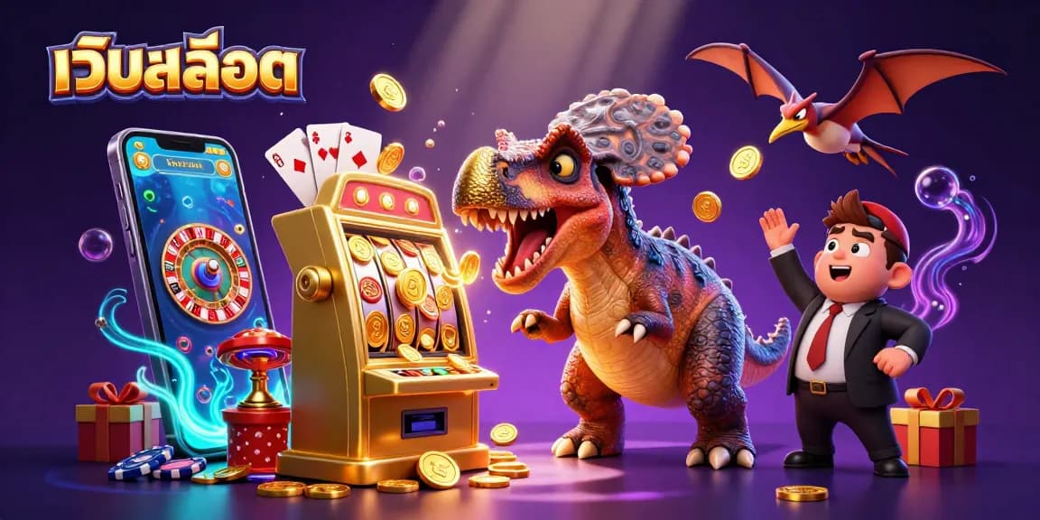 Headbutting a golden slot machine, a dinosaur symbolizes เว็บสล็อต excitement with coins flying in the air.