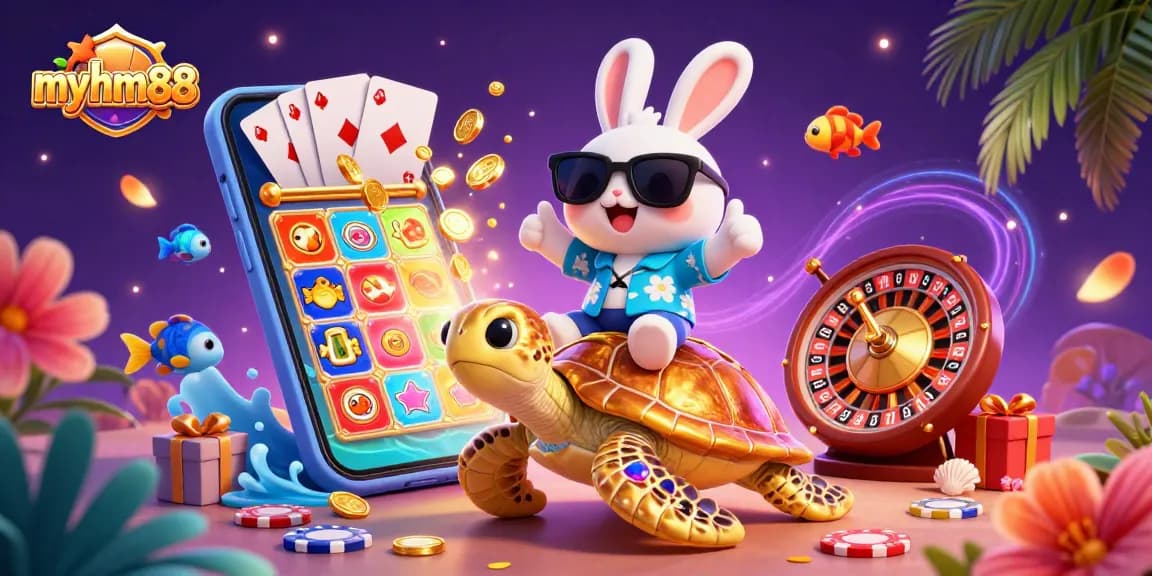 Experience the thrill of gaming at myhm88 with a lucky rabbit and golden turtle in a vibrant casino scene.