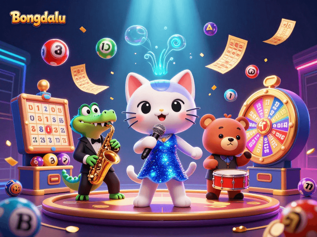 Bongdalu offers vibrant lottery-themed excitement with a jazzy cat, croc, and bear in this colorful illustration.