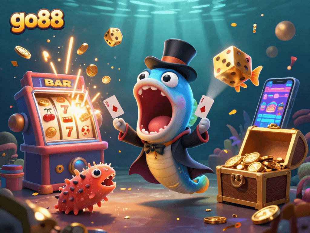 Experience the excitement of go88 casino games with animated characters performing tricks amidst vibrant slot machines and jackpot elements.
