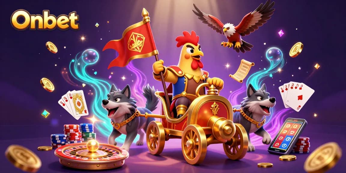 Experience thrilling wins at Onbet with a dynamic casino scene featuring a rooster warlord and golden game elements.