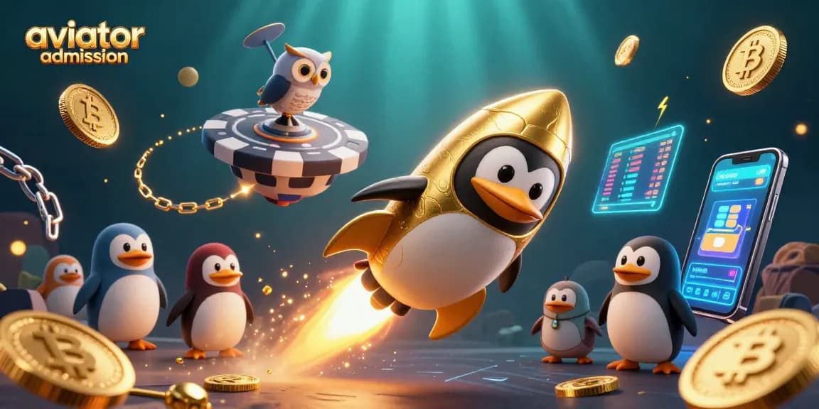 Aviator admission game featuring golden penguin with casino space station and crypto elements.