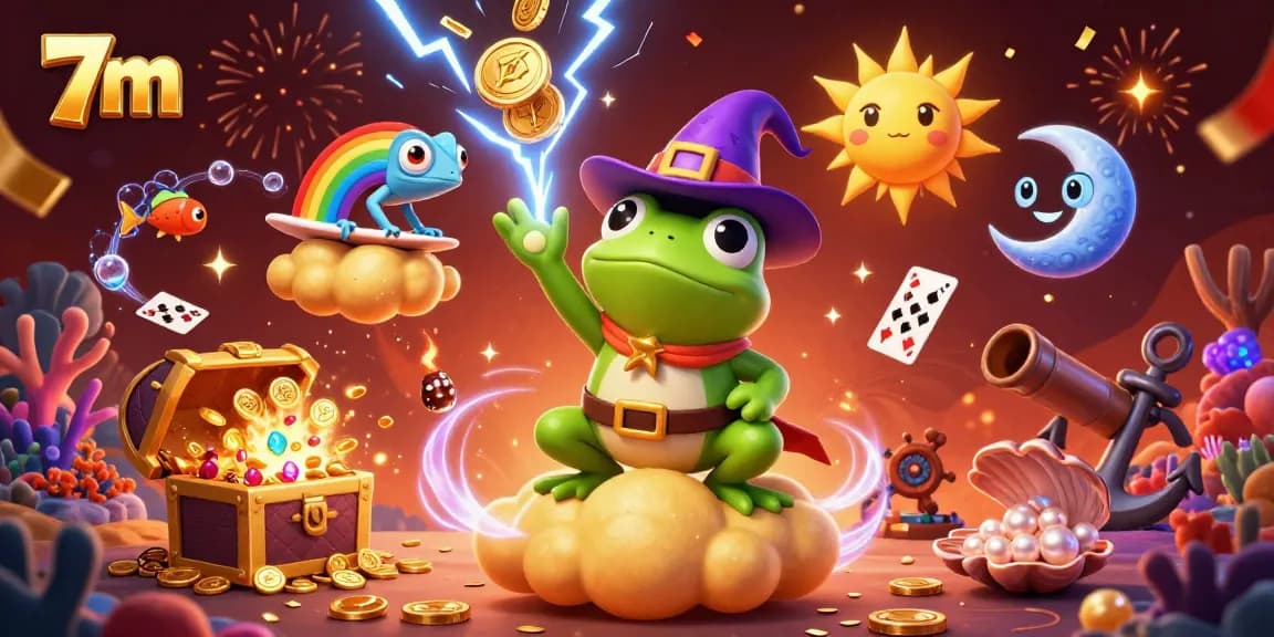 Experience the thrill of 7m with vibrant characters generating a storm of golden coins in this gaming illustration.