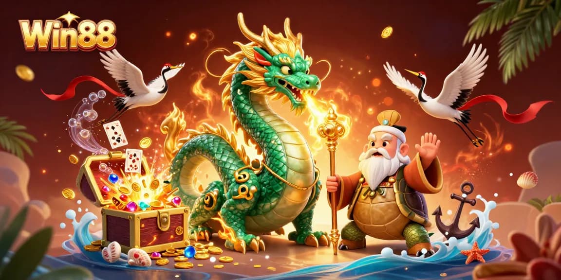Experience the excitement of Win88 with a dynamic illustration of a jade dragon and lucky cranes in a casino setting.
