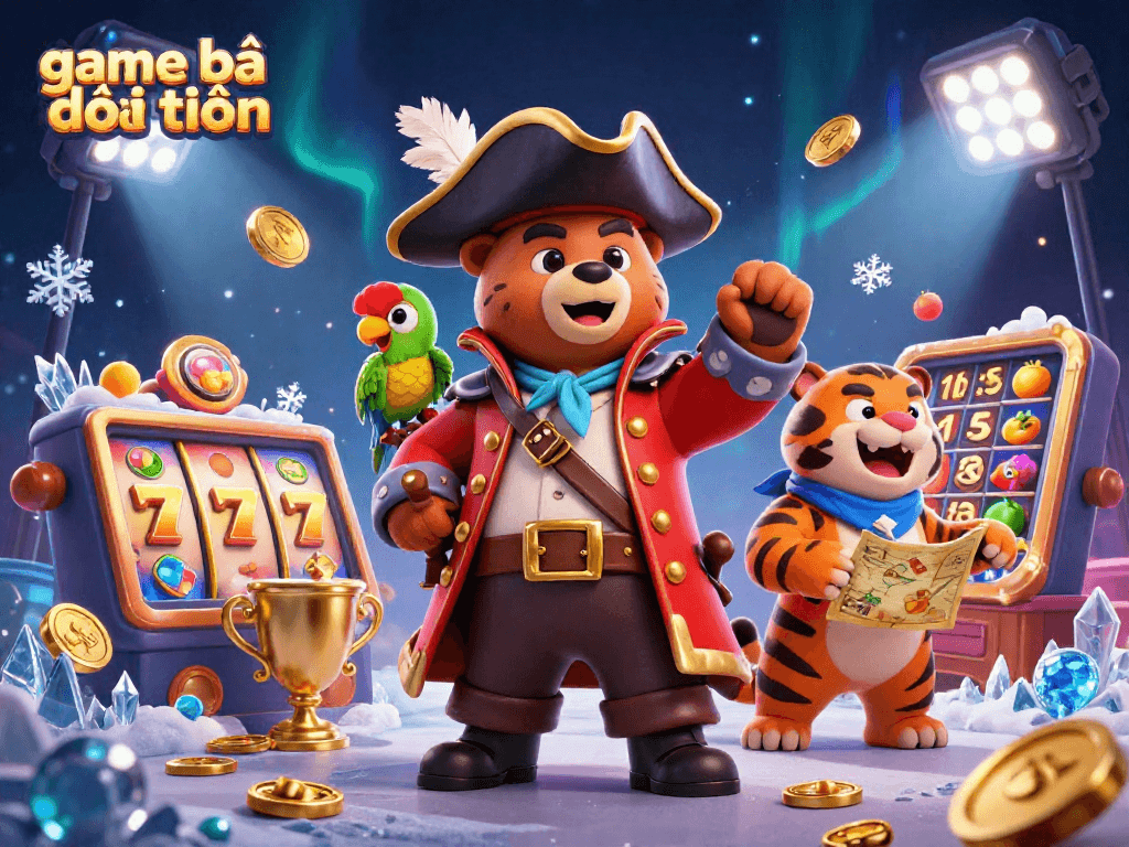 Experience game bài đổi thưởng with this vibrant scene featuring a pirate bear, tiger, and treasure elements.