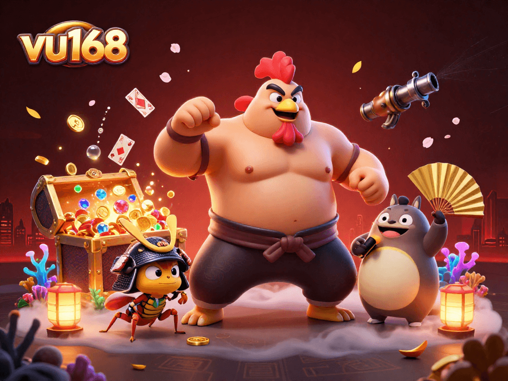 Explore thrilling games at vu168 with vibrant 3D characters and casino elements in action.