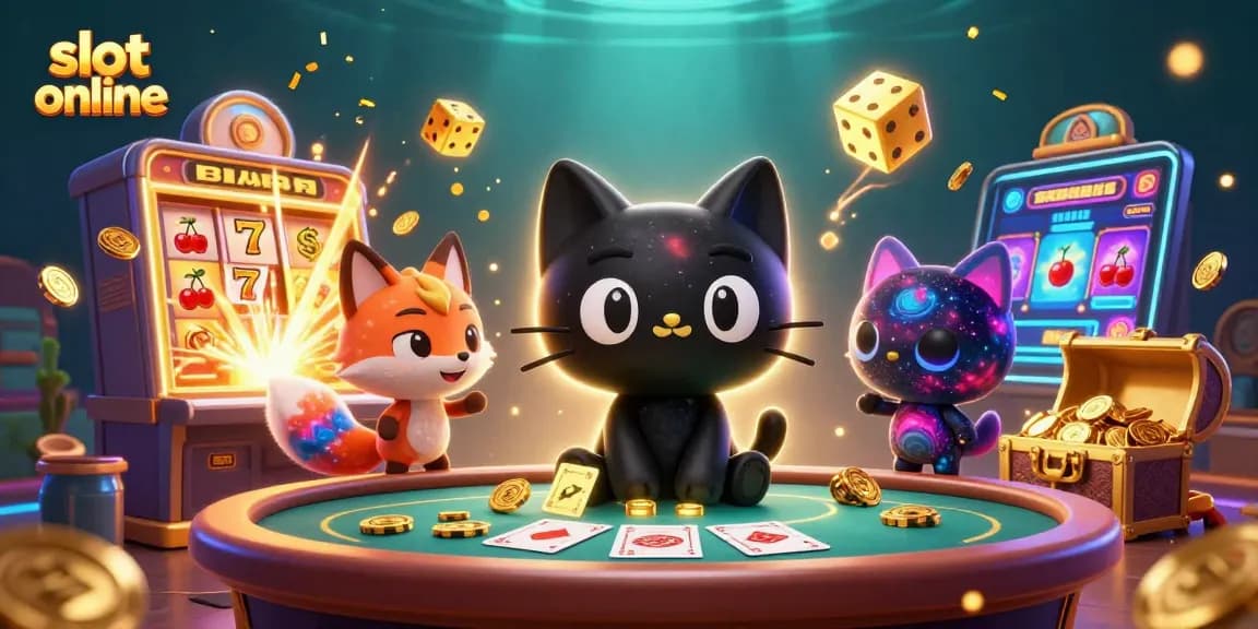 Permainan slot online yang mengasyikkan dengan karakter kucing lubang hitam dan fox nebula dalam suasana kasino yang fantastis.
