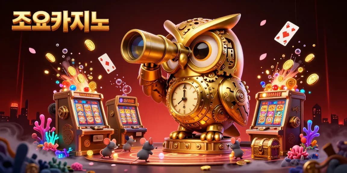 Engage with the excitement of 조이카지노 through a dynamic casino scene featuring a clockwork owl, lively slot machines, and energy-filled game elements.