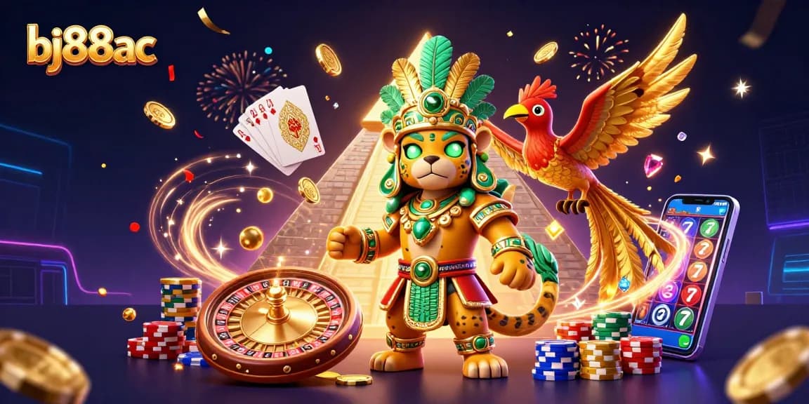 Experience thrilling gameplay with bj88ac, featuring a dynamic 3D scene of casino excitement.