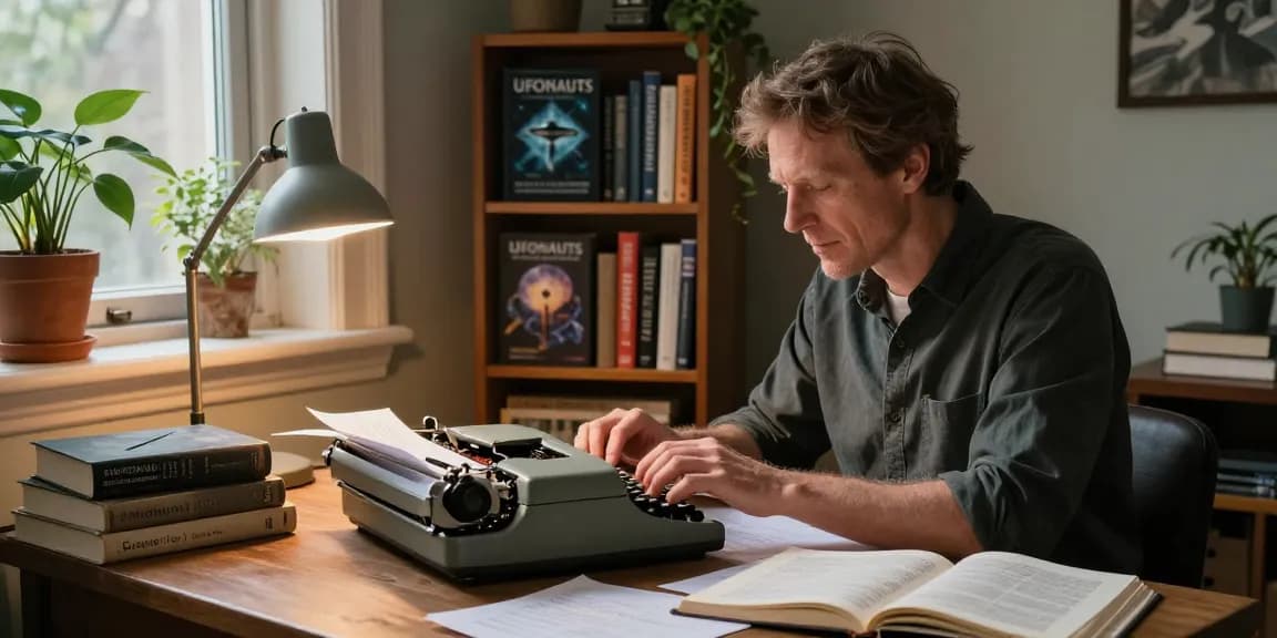T Allen Greenfield at his writing desk exploring spirituality and UFOs, highlighting https://tallengreenfield.com and his book UFOnauts.