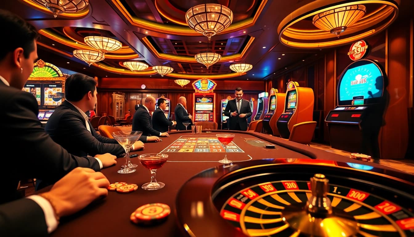 Engaged players betting at a glamorous casino table featuring raja 88 poker chips and vibrant slot machines.