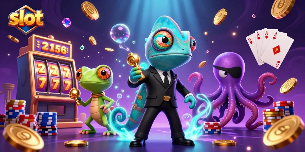 Mainan slot menarik dengan banyak koin emas dan karakter unik dalam ilustrasi 3D yang kaya detil.
