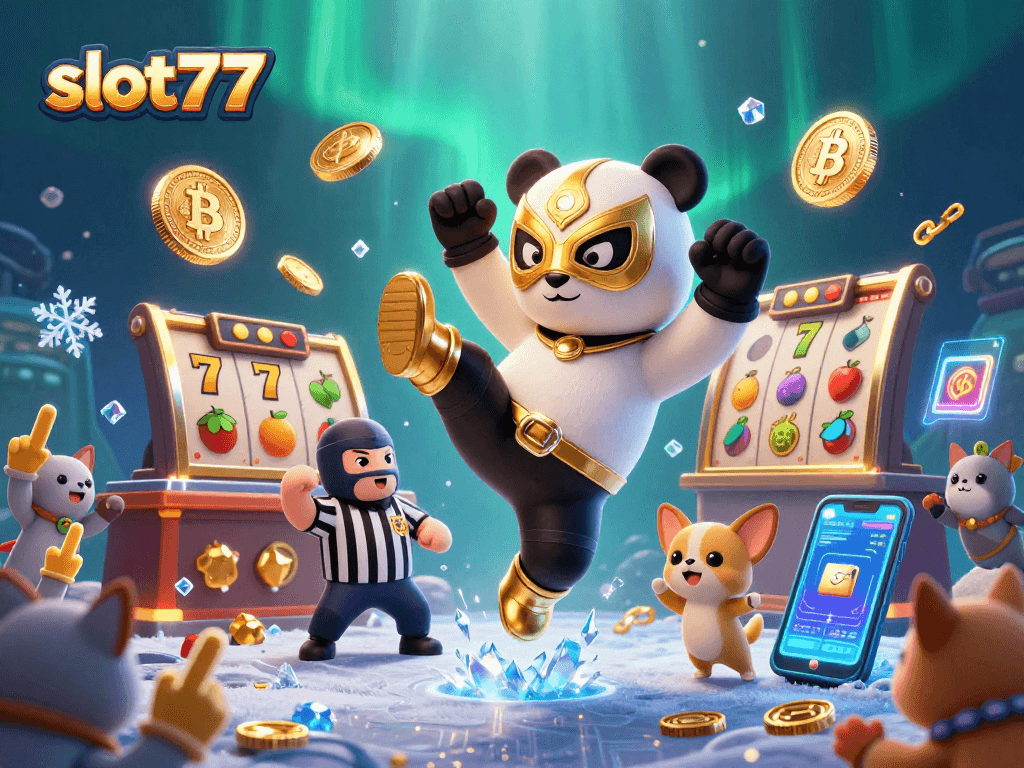 Experience the excitement of slot777 with a dynamic wrestling scene featuring a panda, showcasing colorful jackpots.