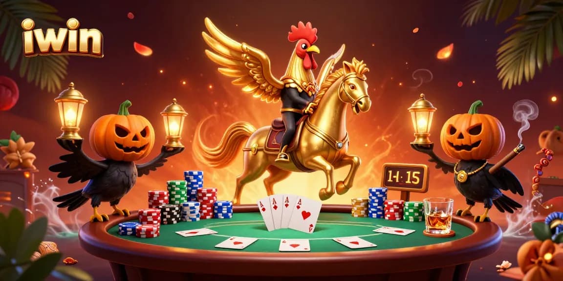 Experience iwin's vibrant casino magic with a golden rooster and dynamic poker elements.