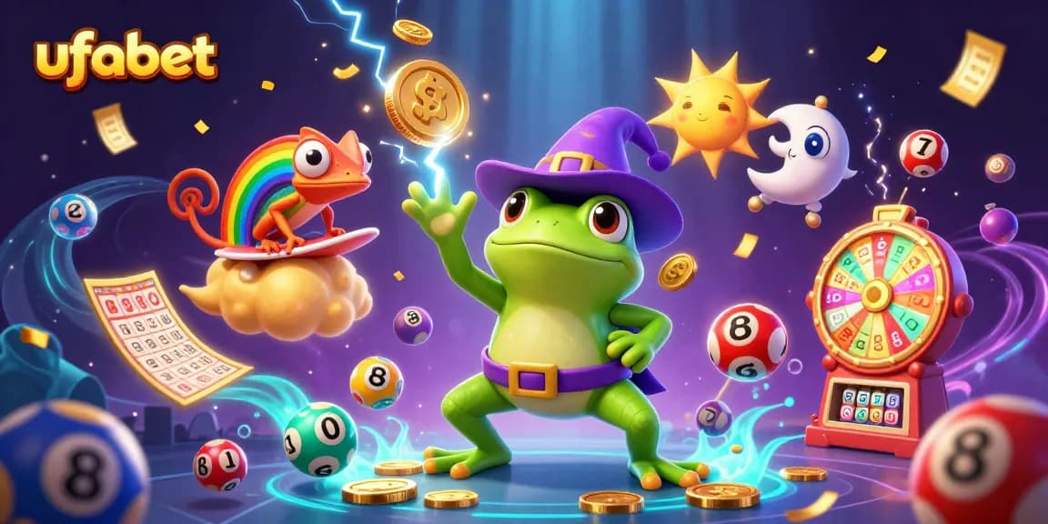 Experience ufabet gaming excitement with flying colorful lottery balls and golden coins.