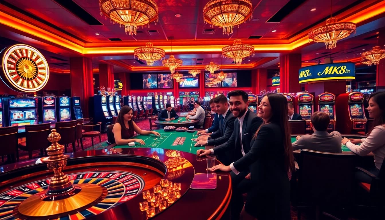 Experience the excitement of MK8 โค้ด เคร ดิต ฟรี with players enjoying various casino games amidst vibrant lights.