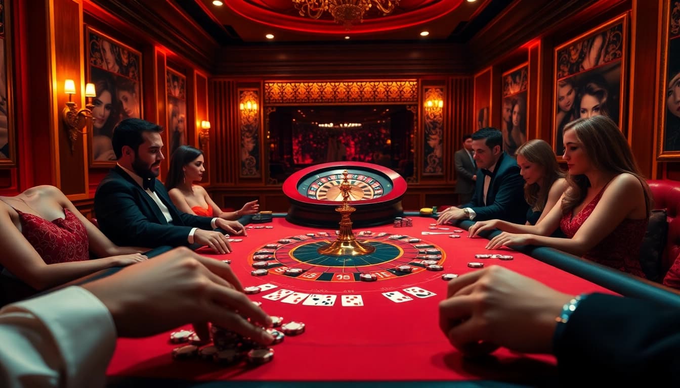 Playing thrilling sex games amidst an exciting casino atmosphere filled with poker chips and cards.