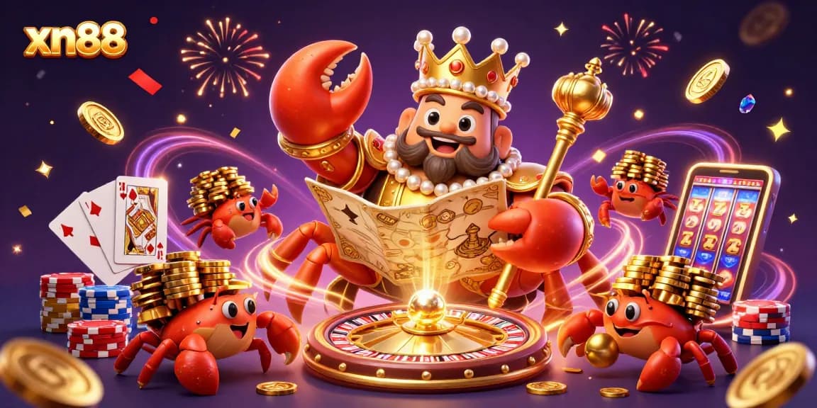 xn88 showcases a vibrant scene with a golden crab emperor and colorful casino elements.
