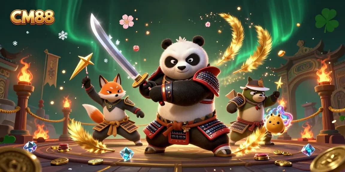 Engage with CM88's dynamic casino world, showcasing a samurai panda and ninja fox in action!