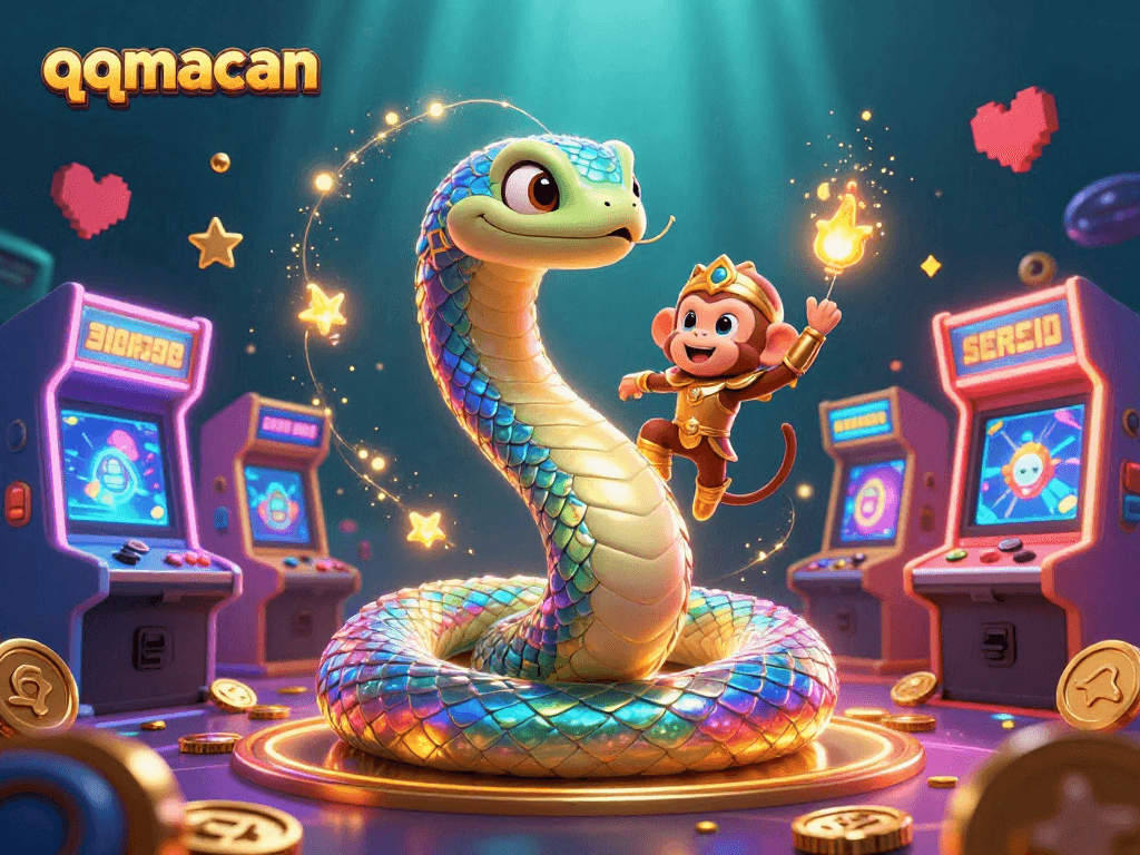 Engage in the vibrant qqmacan gaming scene with a rainbow serpent and monkey king among casino elements.