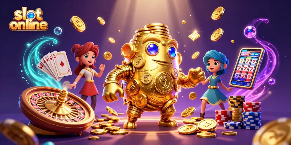 Menangkan slot online sambil menikmati golem emas berkilau yang dikelilingi koin mengalir dan karakter permainan lainnya.