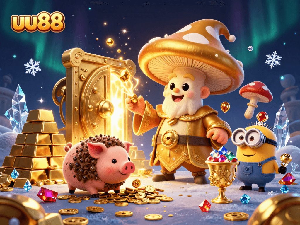 Experience thrilling wins at uu88 with a golden treasure scene showcasing magical characters and precious gemstones.