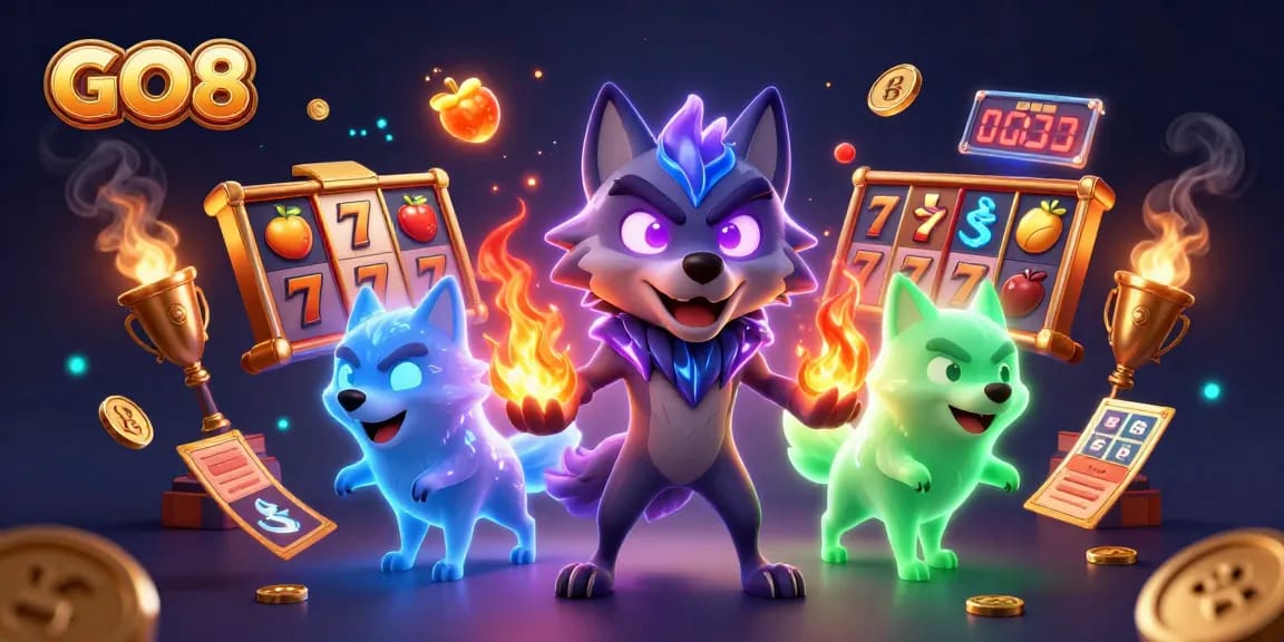 Engage in thrilling gameplay at GO8 with vibrant 3D casino characters and dynamic slot elements.