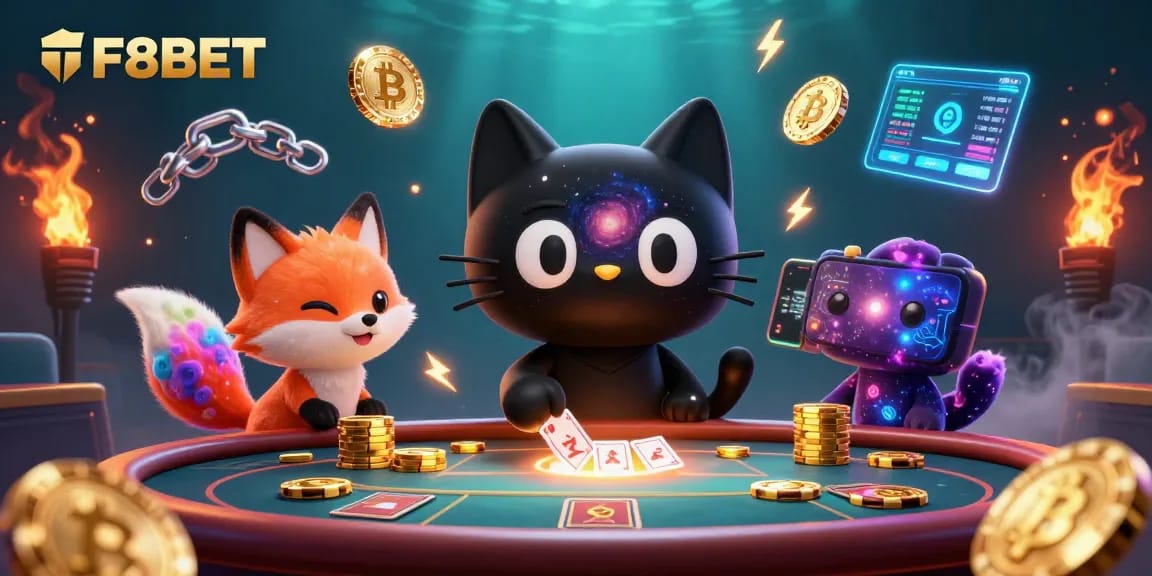 Experience the excitement of F8BET with vibrant characters at a cosmic casino table.