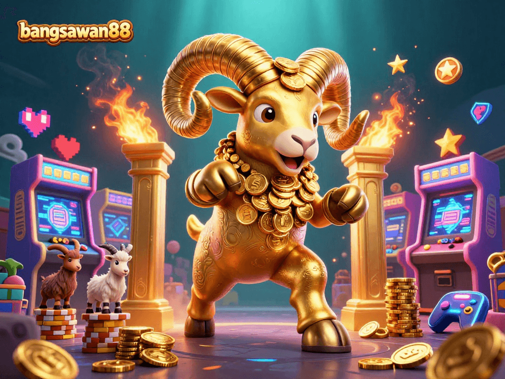 Bangsawan88 showcases an epic scene with a golden ram charging through casino elements, full of energy.