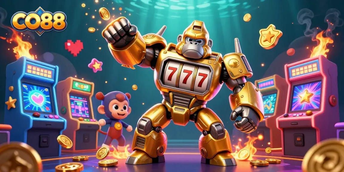 Engage in thrilling gameplay at CO88 featuring a golden gorilla mech amidst vibrant casino elements.