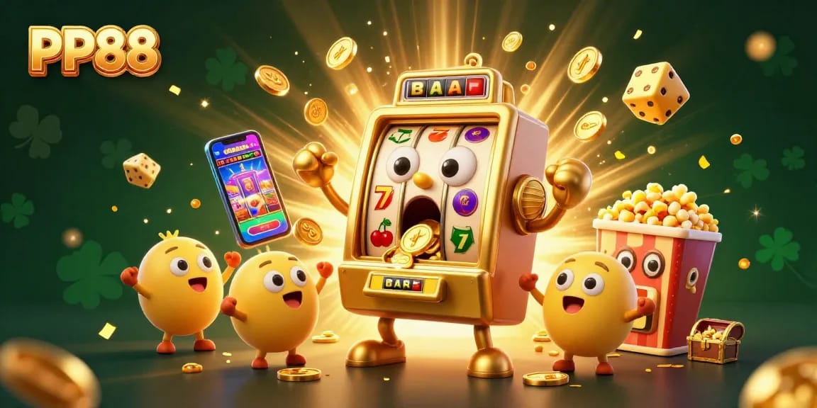 Experience the thrilling jackpot excitement at PP88 with vibrant 3D casino illustrations showcasing machines and games.