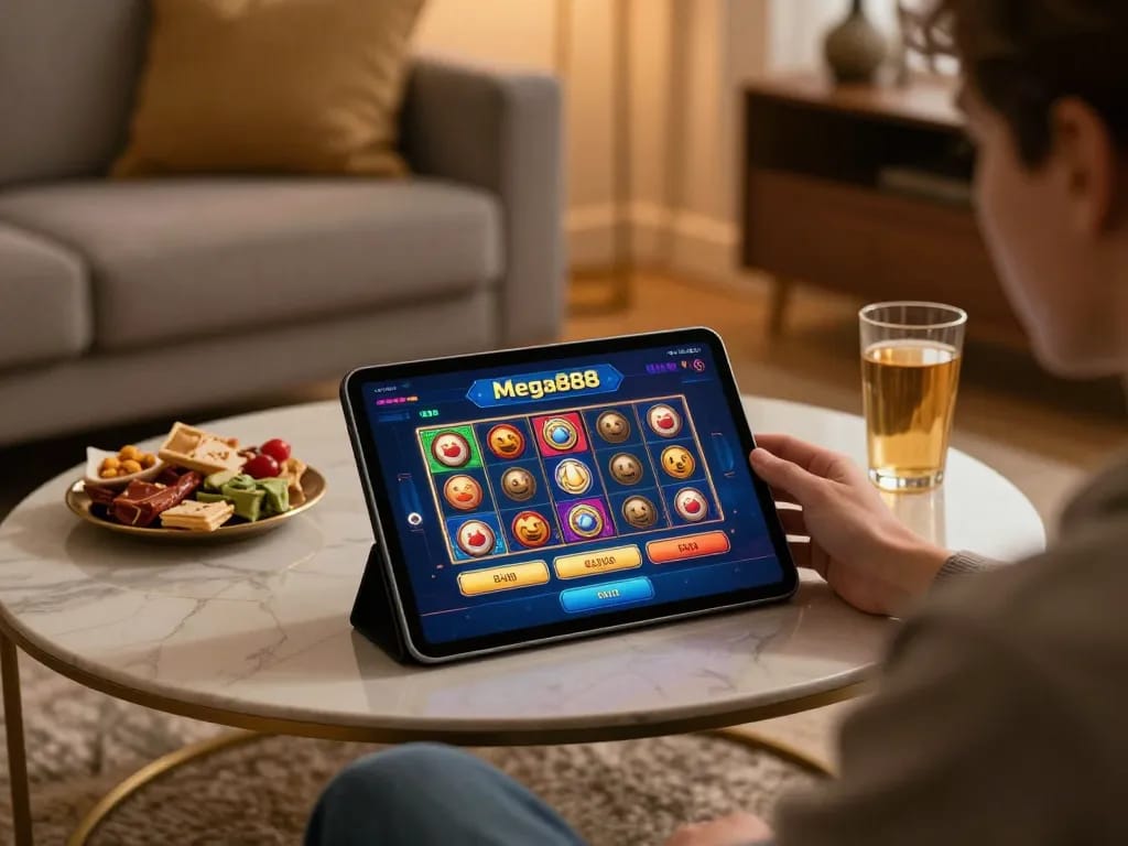 Engaging gameplay as users login mega888 on tablet in a cozy living room setting.