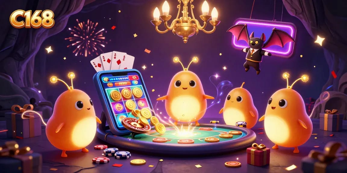 Engage in thrilling games at C168, illuminated by glowworms in a vibrant cave casino.