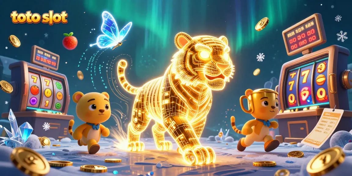 Experience thrilling toto slot action with a golden tiger and vibrant game elements in a digital casino landscape.