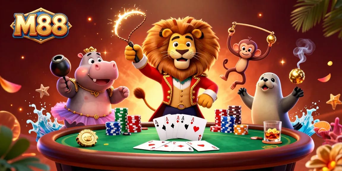 Engage with M88's thrilling casino scene showcasing the dynamic circus characters and poker elements.