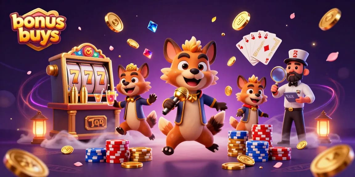 Engage in bonus buys with playful hyenas at a vibrant casino, showcasing excitement and wins.