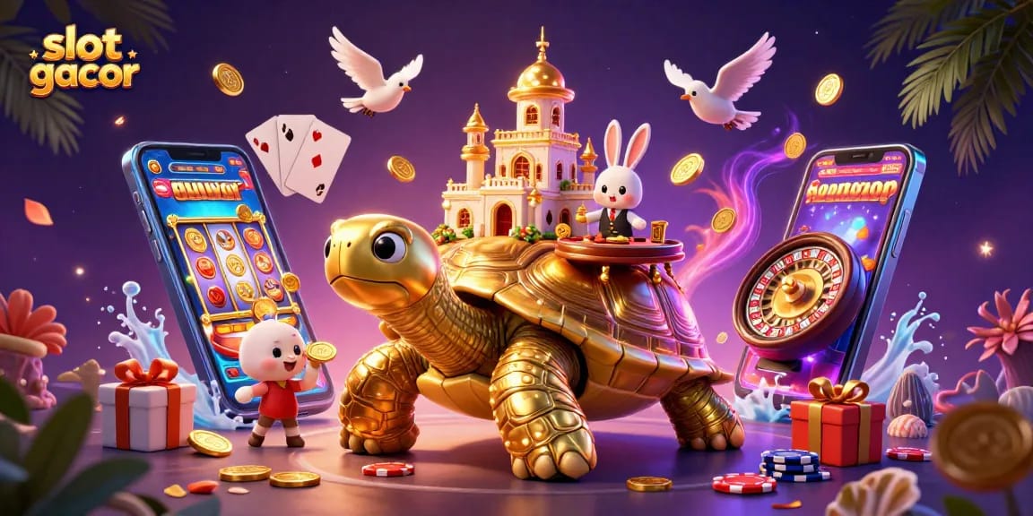 Engage with slot gacor thrills at a vibrant casino with a golden tortoise and a rabbit dealer.