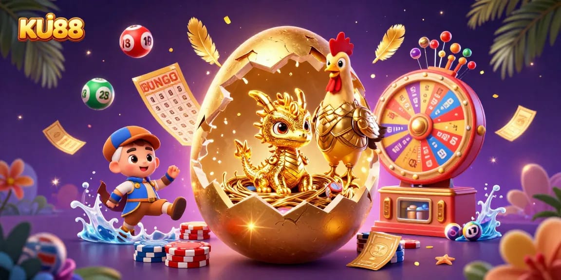 Experience the thrill of KU88 with a vibrant illustration featuring a golden egg and playful gambling elements.