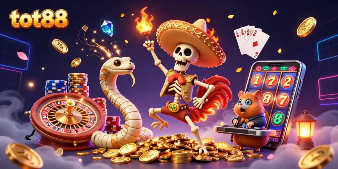 Engaging tot88 casino illustration with animated characters celebrating around golden coins and gaming elements.