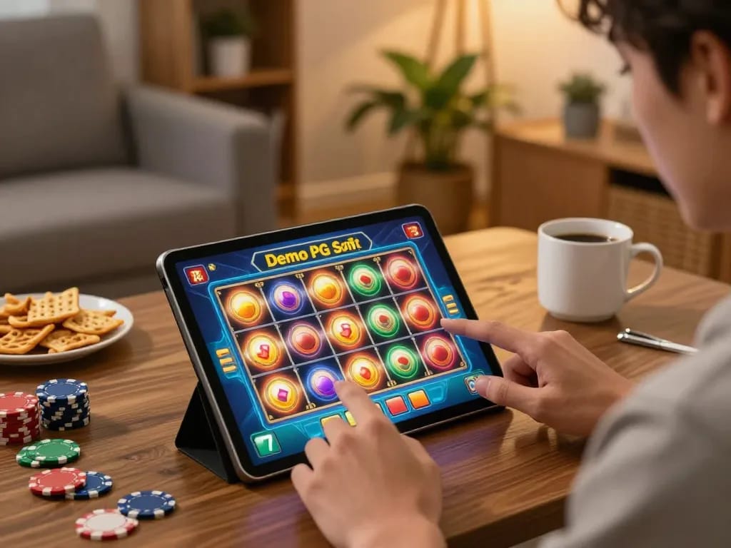 Bergabung dengan Demo Slot PG Soft Mahjong, seorang pemain di rumah menikmati gulungan yang cerah dan suasana yang nyaman.
